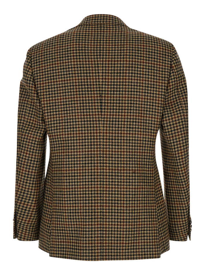 Beige Single-Breasted Jacket With Houndstooth Wool Man Cashmere Blazers