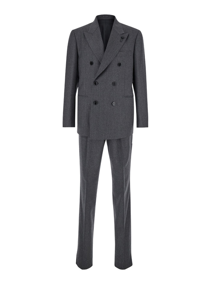 Grey Double Breasted Suit With Peak Revers Flanel Man Wool Cashmere Suits
