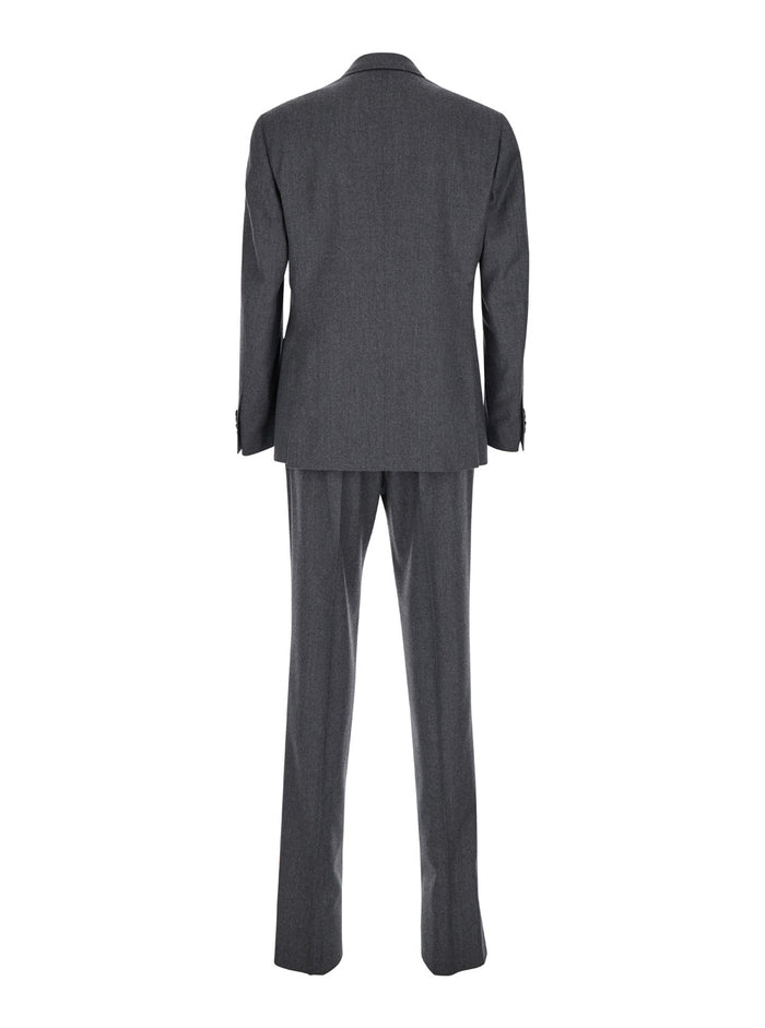 Grey Double Breasted Suit With Peak Revers Flanel Man Wool Cashmere Suits