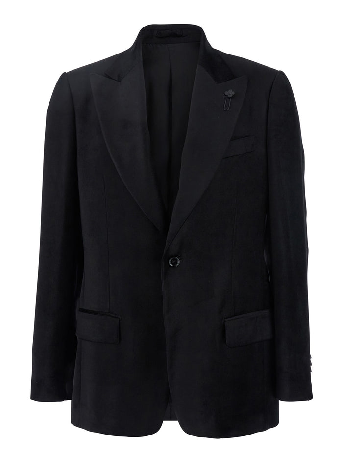 Black Single Breasted Jacket Witg Pointed Lapels Velvet Man Viscose Cupro Blazers