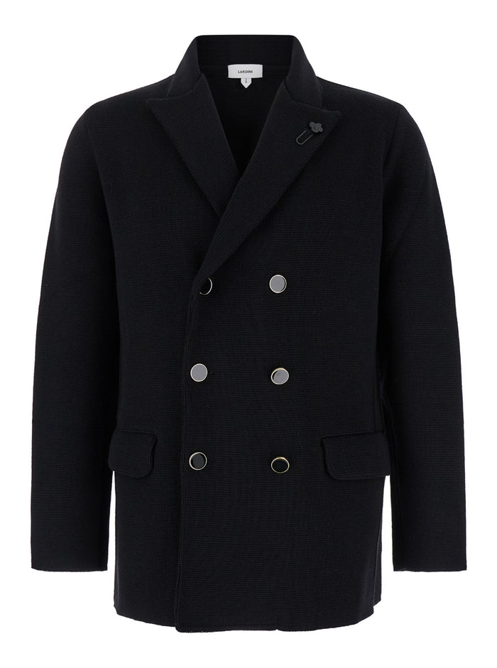 Black Double-Breasted Jacket With Peak Revers Wool Man Blazers