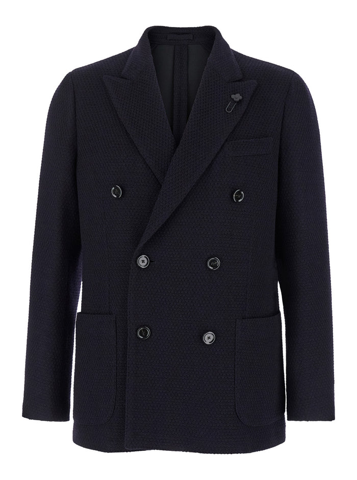 Blue Double-Breasted Jacket With Logo Pin Knit Man Blu Blazers