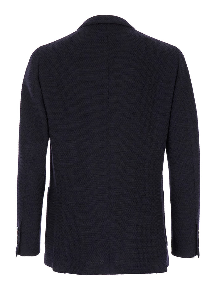 Blue Double-Breasted Jacket With Logo Pin Knit Man Blu Blazers