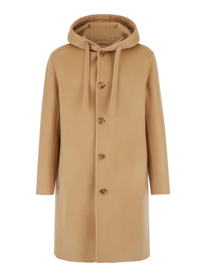 Beige Single-Breasted Coat With Hood Wool Man
