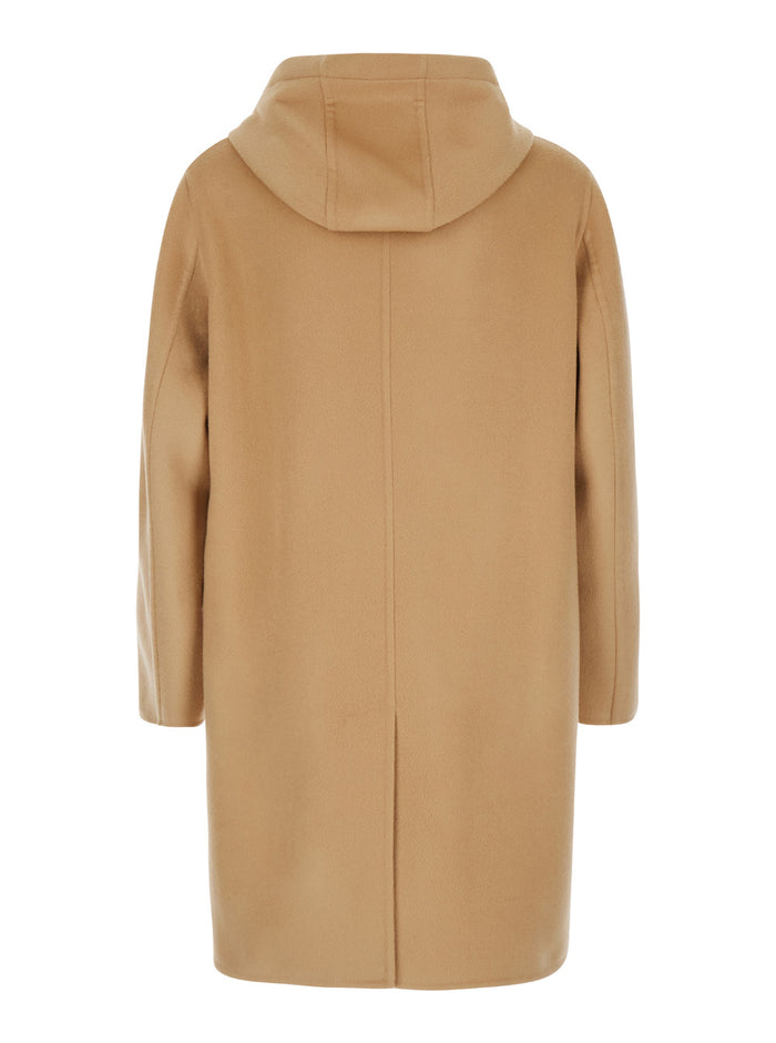 Beige Single-Breasted Coat With Hood Wool Man