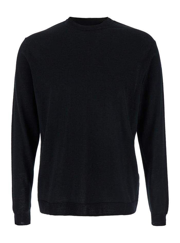 Black Crew Neck Pullover in Virgin Wool Man Jersey