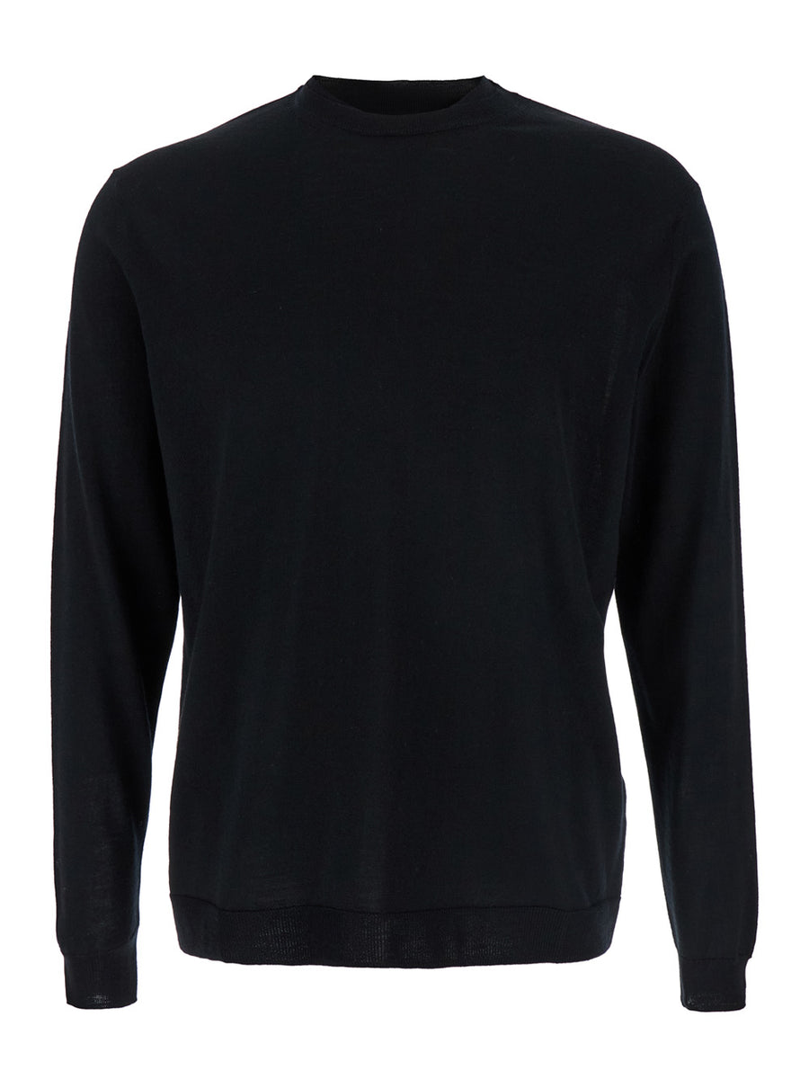 Black Crew Neck Pullover Virgin Wool Tops