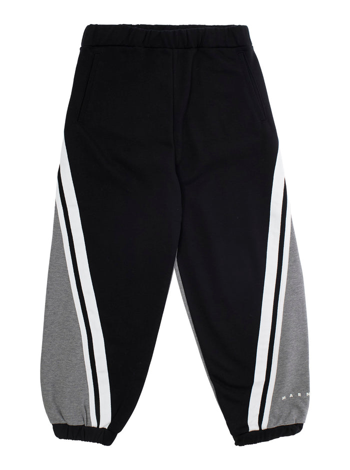 Black Pants With Inserts And Logo Print On The Front Cotton Boy Trousers