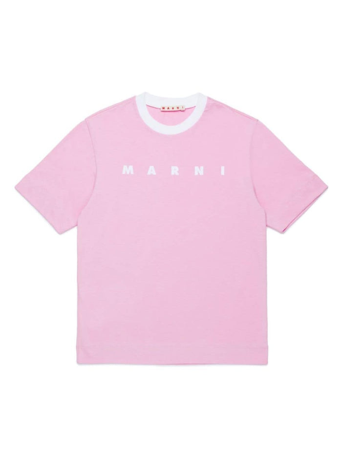 Pink Crewneck T-Shirt With Front Logo Print Cotton Girl Tshirts And Polo Shirts