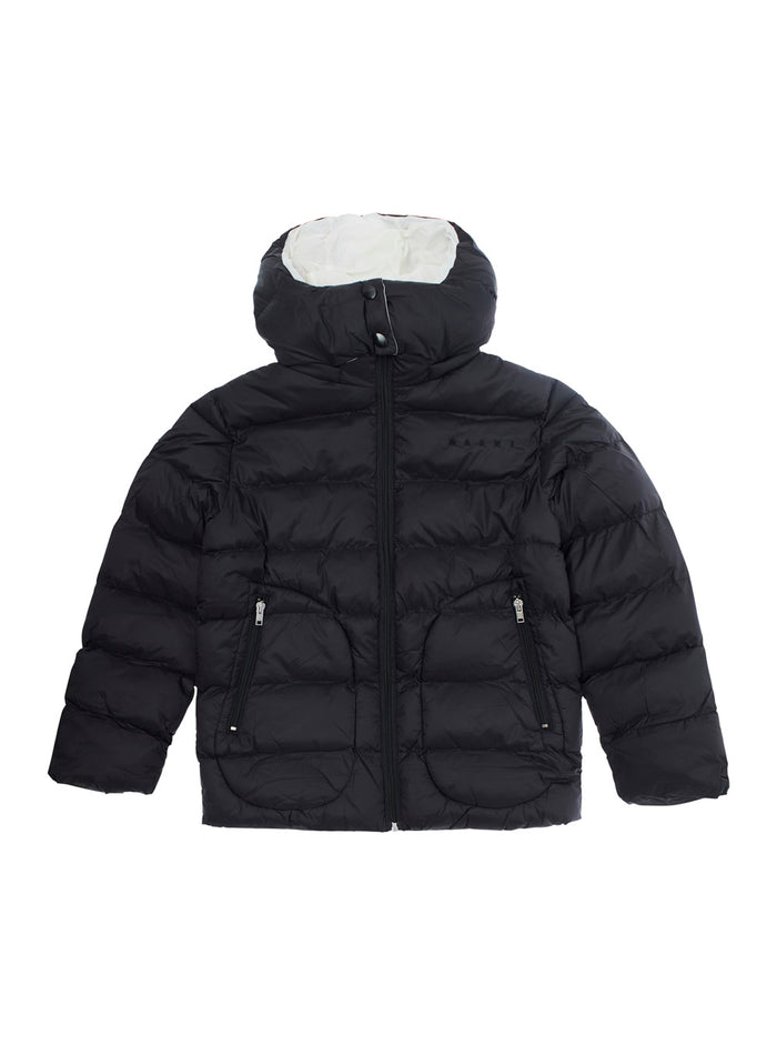 Black Down Jacket With Removable Hood And Embroidered Logo Tech Fabric Boy Polyamide