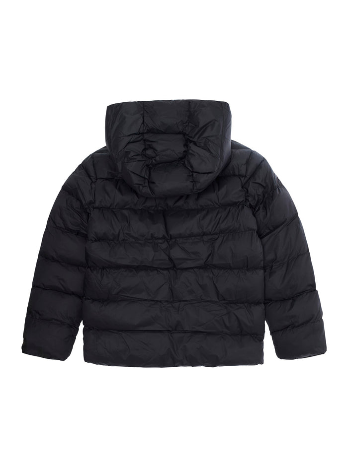 Black Down Jacket With Removable Hood And Embroidered Logo Tech Fabric Boy Polyamide