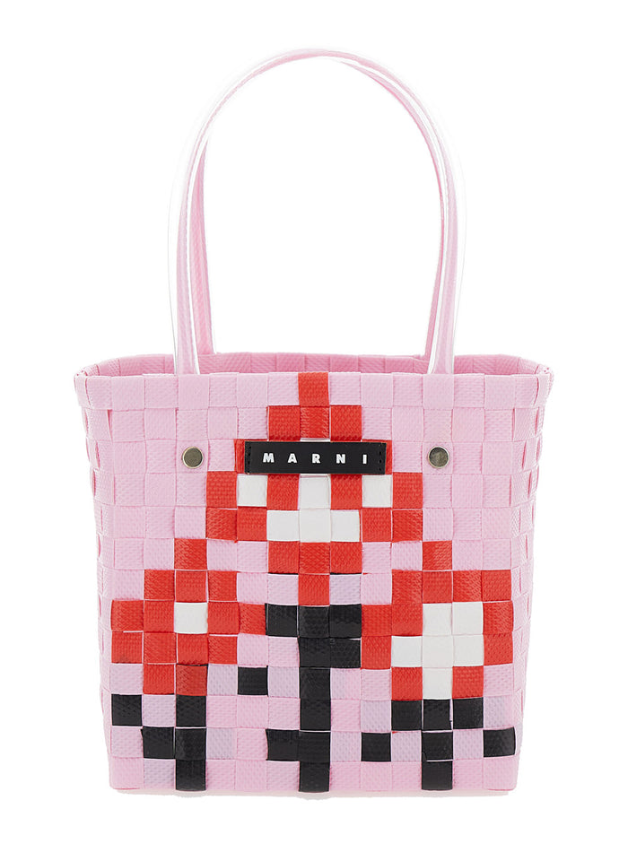 Pink Handbag With Floreal Motif Woven Materials Girl Polypropylene Hand Bags