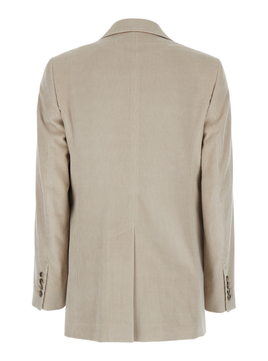 Beige Single-Breasted Jacket With Notched Revers Cotton Blazers