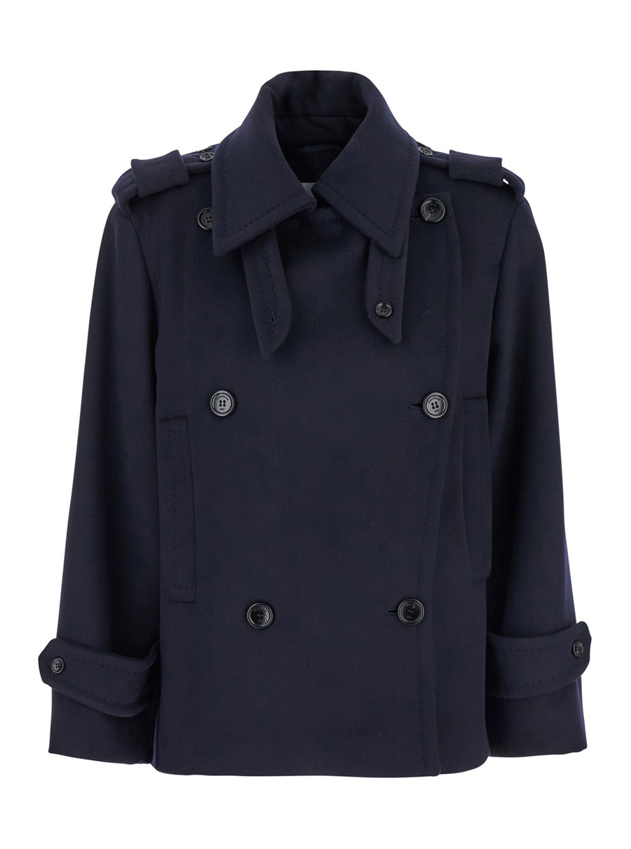 Blue Double Breasted Jacket With Wide Lapels Virgin Wool Coat