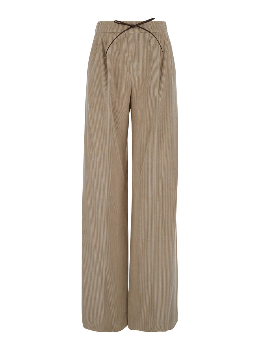Beige Palazzo Pants With Drawstring Cotton Trousers