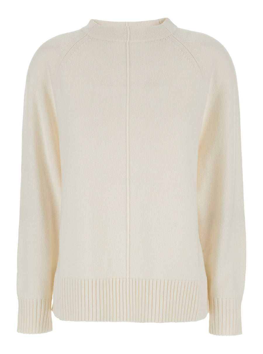 White Crewneck Cashmere Sweater With Stitch Detail Tops
