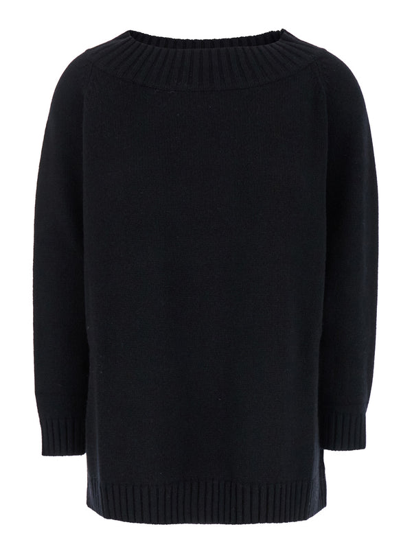 Black Sweater With Boat Neckline Wool Tops