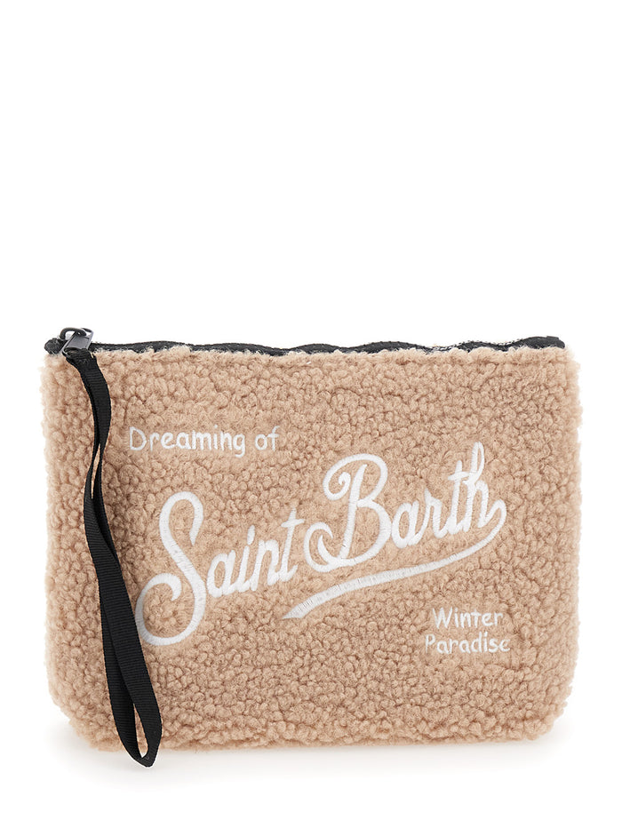 Aline Brown Pochette With Embroidered Logo On Front Teddy Fabric Girl Neoprene Polyester Clutches And Pochettes