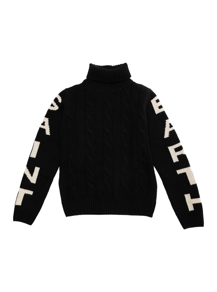 Fisherman Black Turtleneck Sweater With Intarsia Logo On The Sleeves Wool And Cashmere Blend Boy Jersey