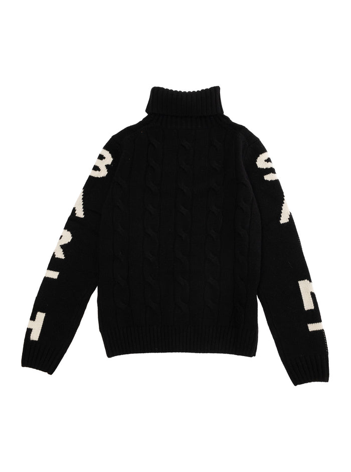 Fisherman Black Turtleneck Sweater With Intarsia Logo On The Sleeves Wool And Cashmere Blend Boy Jersey
