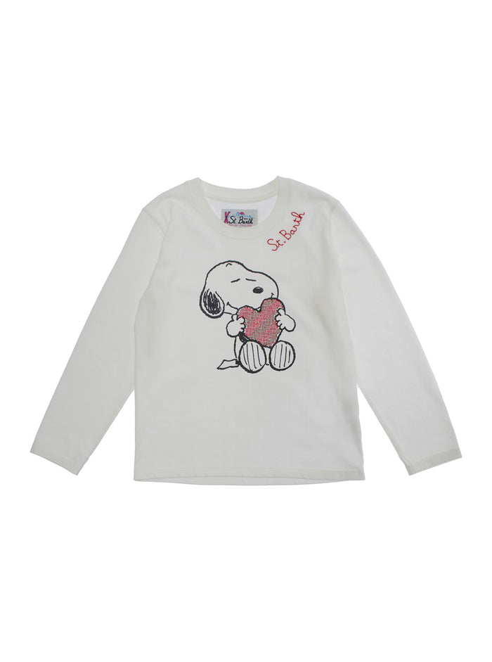 White Long-Sleeves T-Shirt With Snoopy Print And Logo Lettering Cotton Girl Jersey