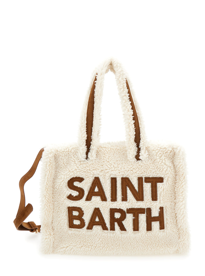 White And Brown Handbag With Shoulder Strap Logo Lettering Wool Blend Girl Hand Bags