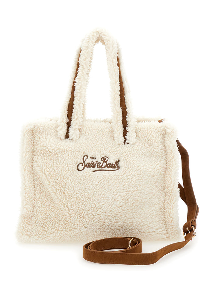 White And Brown Handbag With Shoulder Strap Logo Lettering Wool Blend Girl Hand Bags