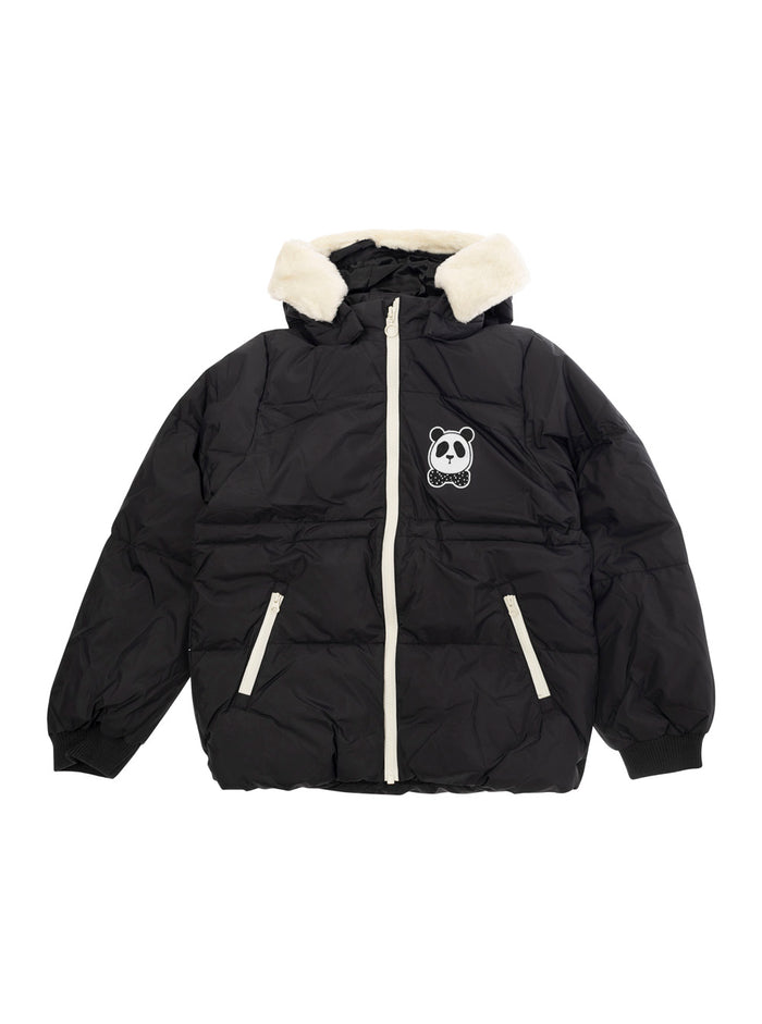 Panda Black Down Jacket With Hood And Logo Patch On The Front Tech Fabric Girl Recycled Polyester