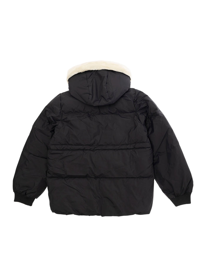 Panda Black Down Jacket With Hood And Logo Patch On The Front Tech Fabric Girl Recycled Polyester