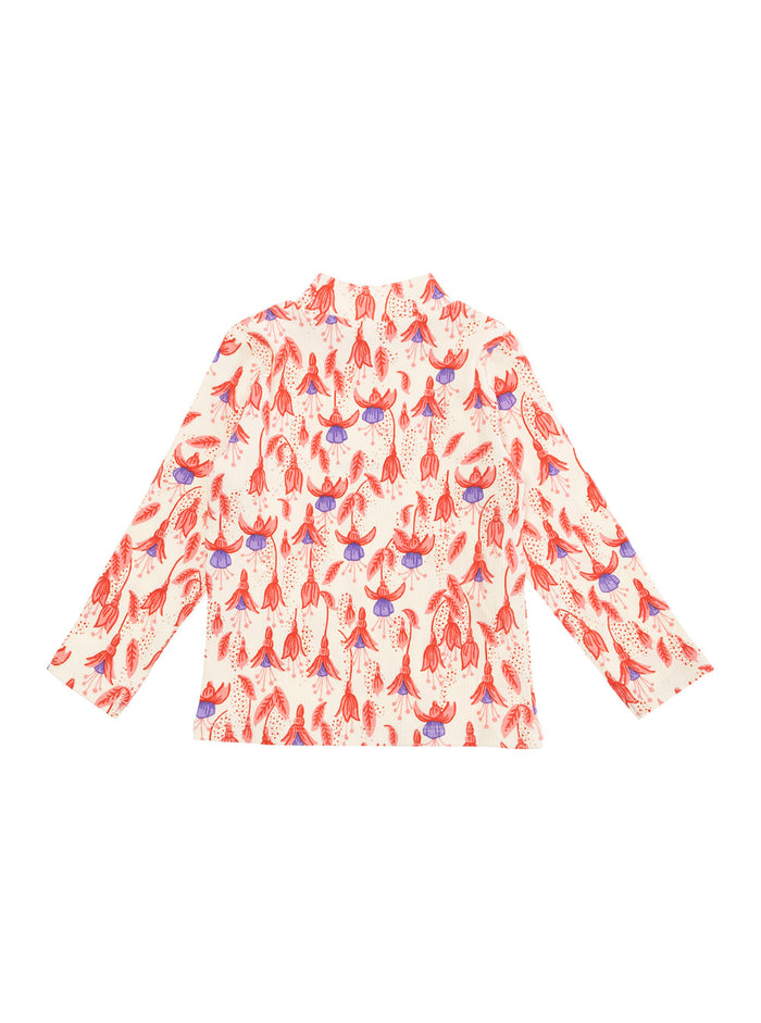Red T-Shirt With High Neck And All-Over Floral Motif Cotton Stretch Girl Organic Elastane Jersey