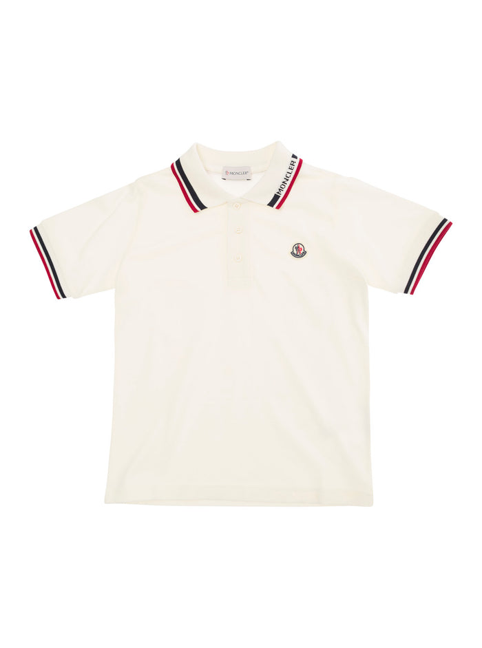 White Polo Shirt With Logo Patch And Stripe Trim Cotton Boy Tshirts