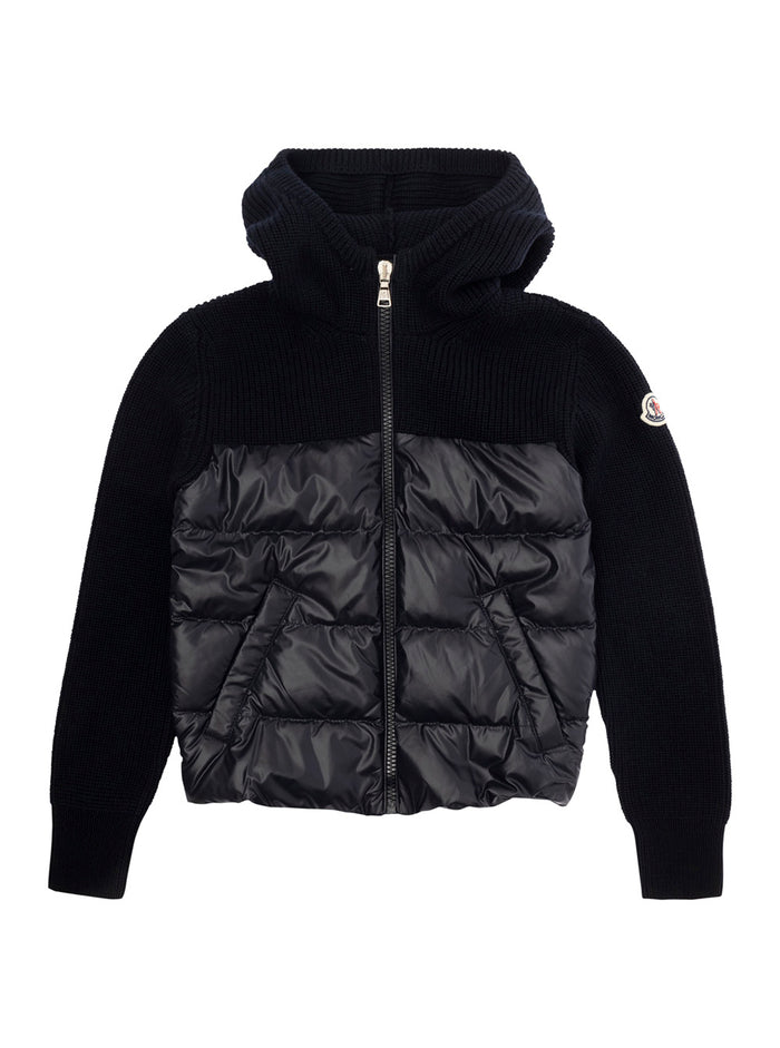 Black Hooded Cardigan With Logo Patch Wool And Tech Fabric Boy Blu Virgin Jersey