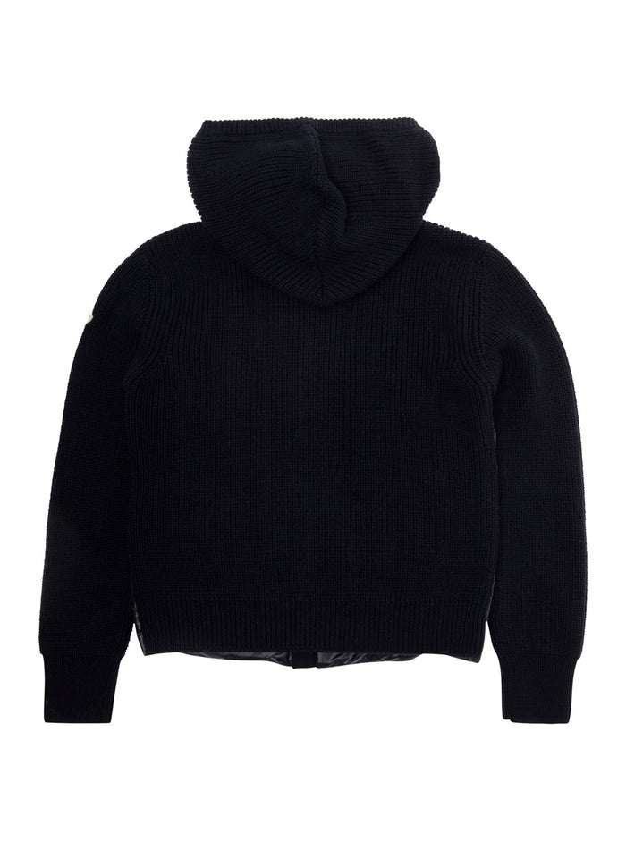 Black Hooded Cardigan With Logo Patch Wool And Tech Fabric Boy Blu Virgin Jersey