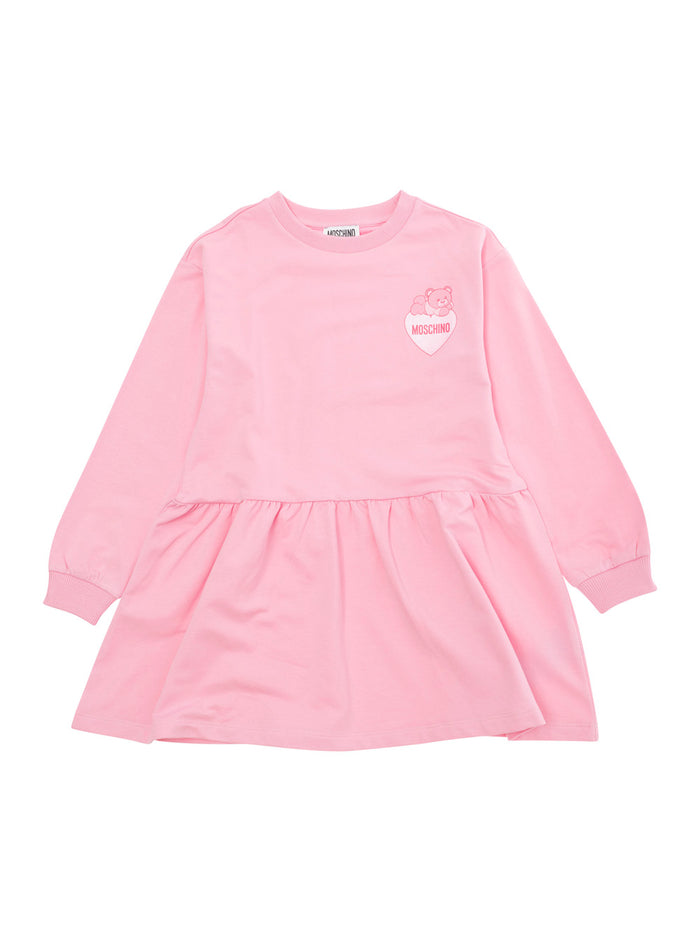 Pink Dress With Flared Skirt And Logo Print Stretch Cotton Girl Elastane