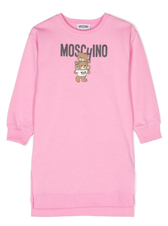 Pink Long Sleeve Dress With Teddy Bear Print Cotton Girl