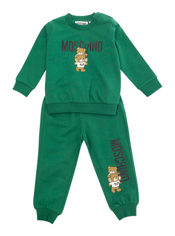 Green Sweatshirt + Pants Ensemble With Logo Print Cotton Baby Suits