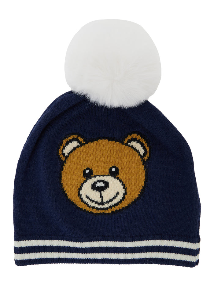 Blue Hat With Pom-Pom And Teddy Bear Patch Cotton Wool Blend Baby Blu Gloves