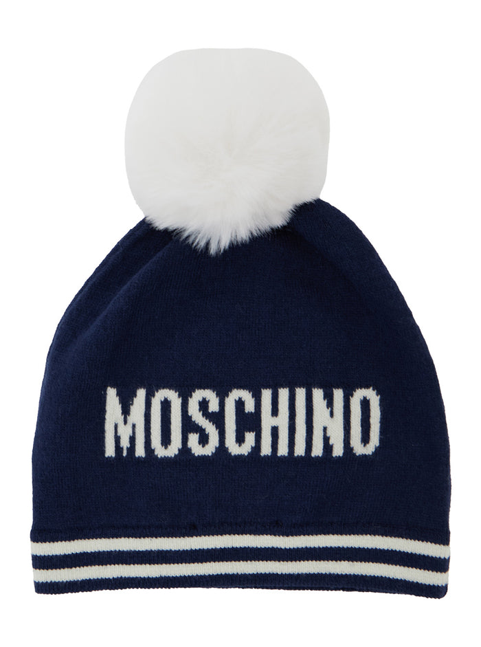 Blue Hat With Pom-Pom And Teddy Bear Patch Cotton Wool Blend Baby Blu Gloves