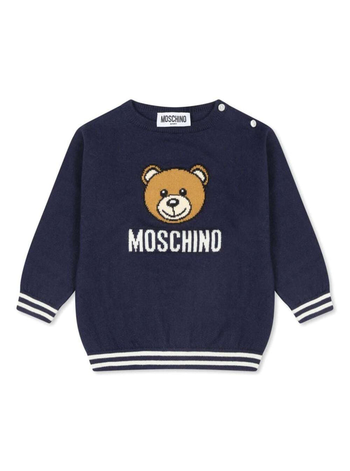 Blue Crewneck Sweatshirt With Teddy Bear Motif Cotton Blend Baby Blu Wool Sweatshirts