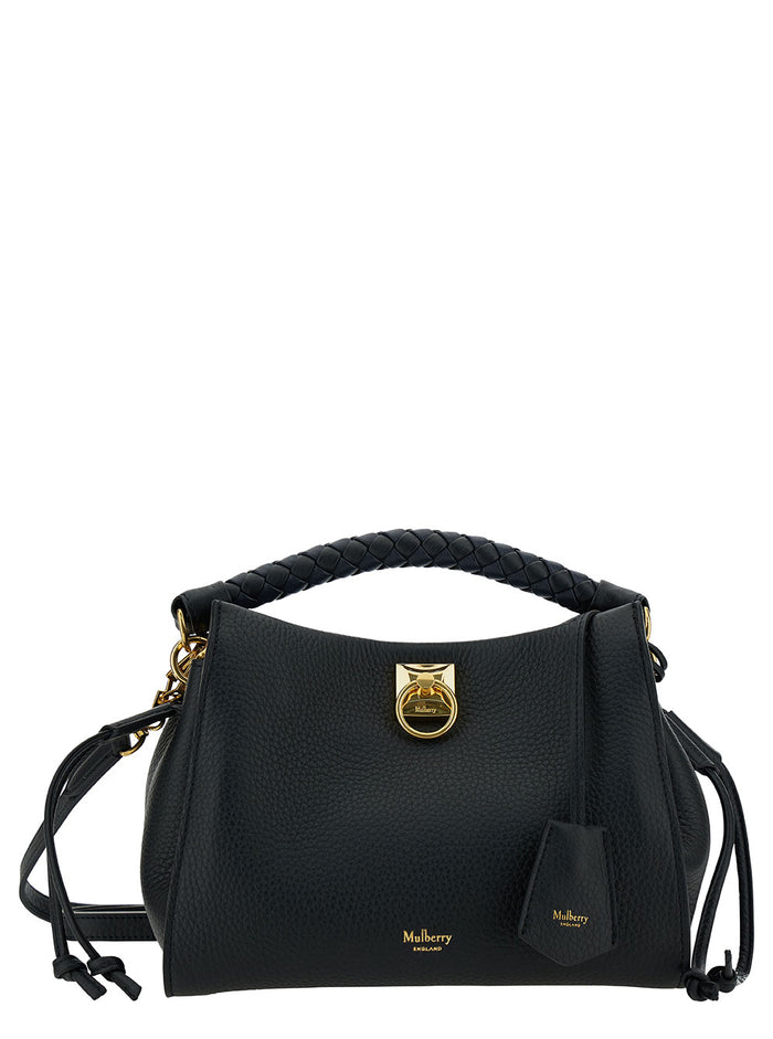 Small Iris Black Handbag With Logo Detail Hammered Leather Woman Bovine Hand Bags