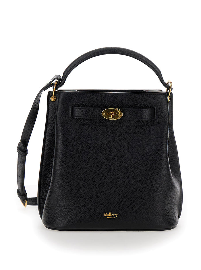 Small Islington Black Bucket Bag With Twist Lock Closure Hammered Leather Woman Bovine Crossbody