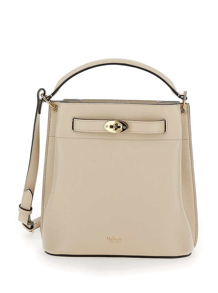 Small Islington White Bucket Bag With Twist Lock Closure Hammered Leather Woman Bovine Crossbody
