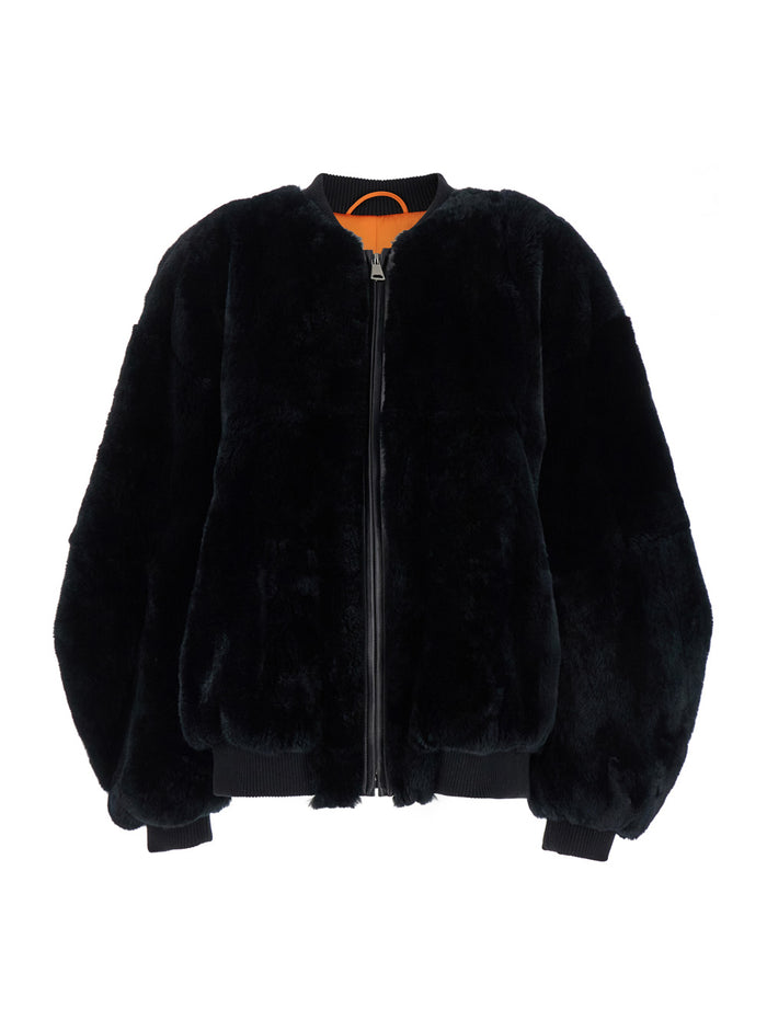 Black Bomber Jacket with Zip Closure in Fur Woman Rex Rabbit Shearling And Furs