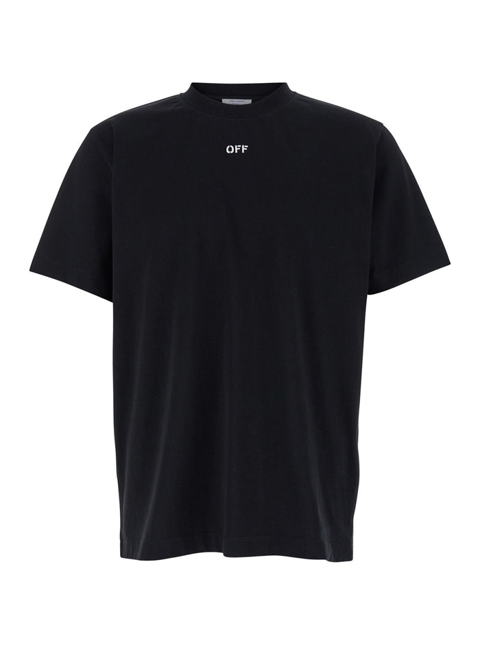 Black Crewneck T-Shirt With Contrasting Off Print Cotton Man Tshirts And Polo Shirts