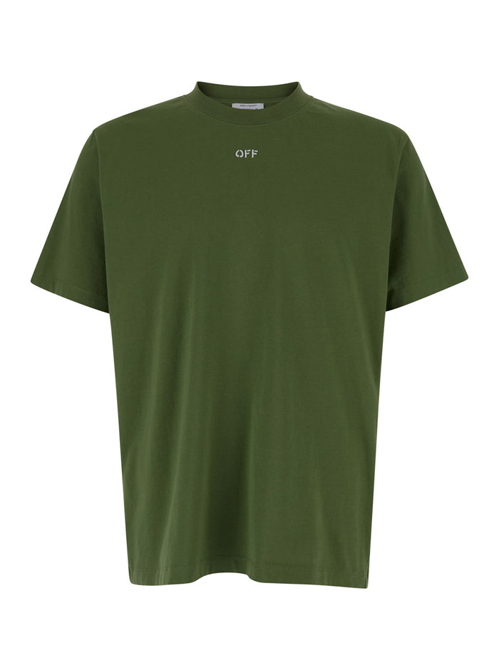 Dark Green Crewneck T-Shirt With Contrasting Off Print Cotton Man Tshirts And Polo Shirts