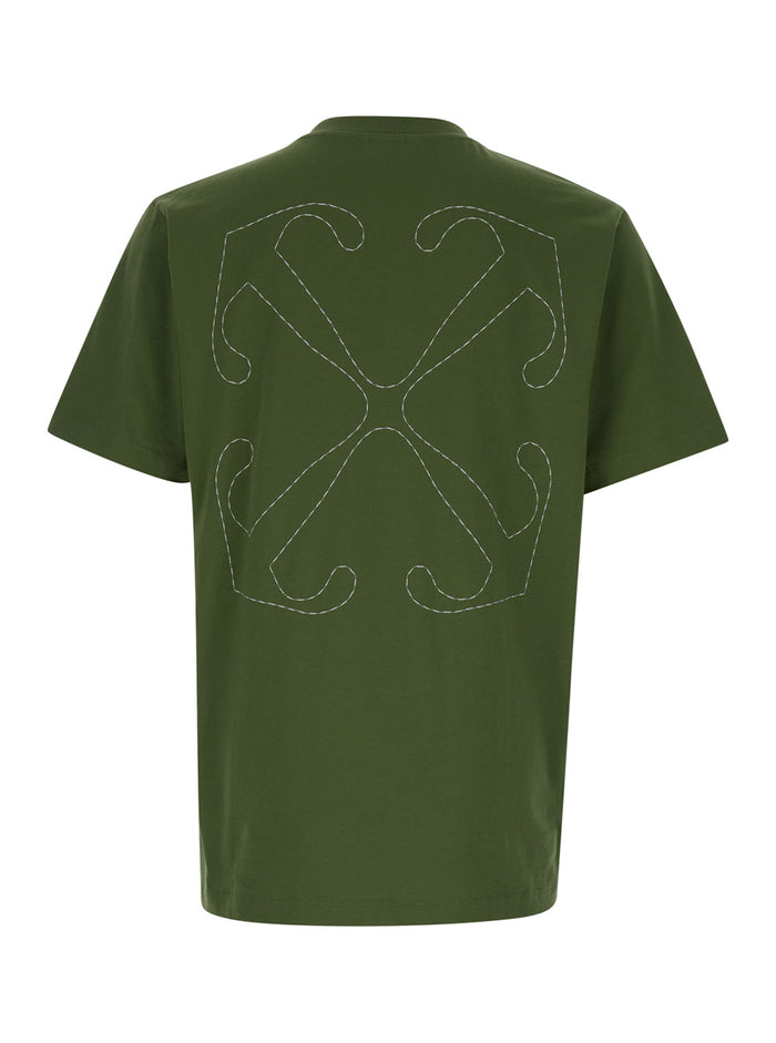 Dark Green Crewneck T-Shirt With Contrasting Off Print Cotton Man Tshirts And Polo Shirts
