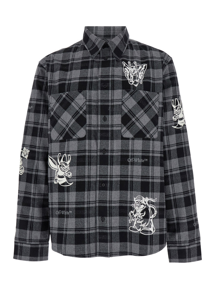 Grey And Black Shirt With Characters Print Check Motif Cotton Man Blouses
