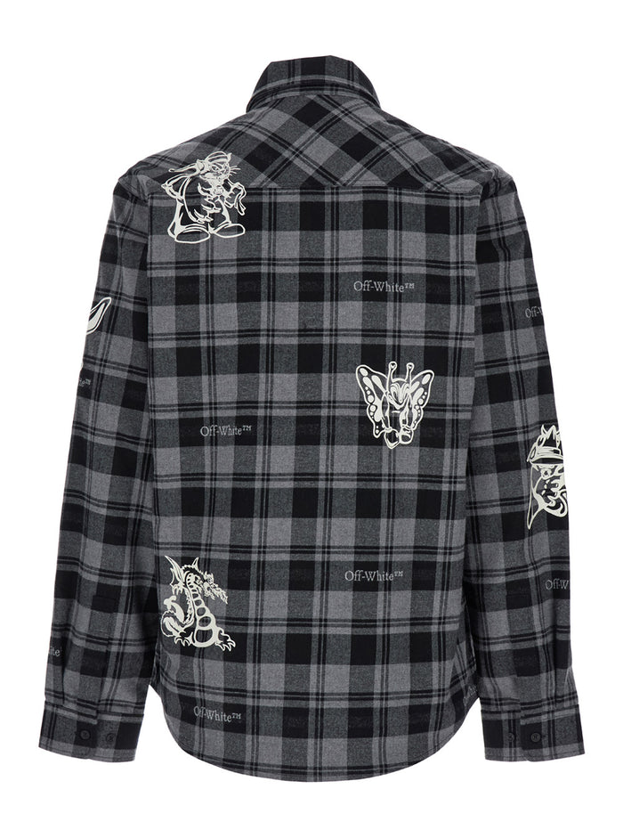 Grey And Black Shirt With Characters Print Check Motif Cotton Man Blouses