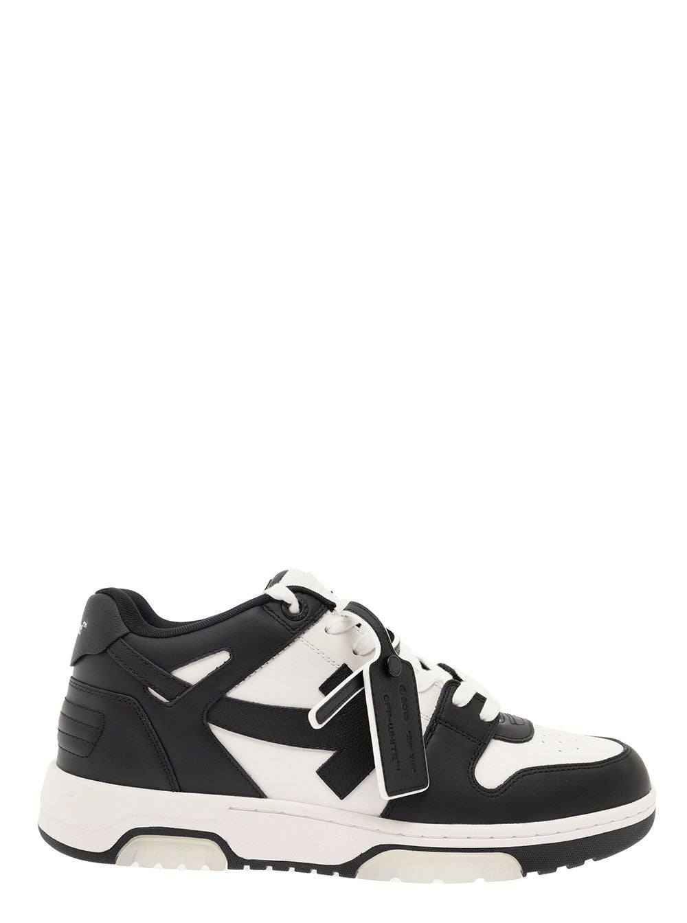Out Of Office Black And White Low Top Sneakers With Arrow Motif Zip-Tie Tag Leather Man