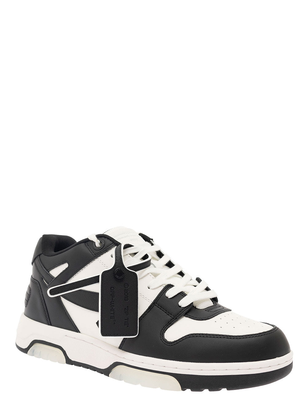 Out Of Office Black And White Low Top Sneakers With Arrow Motif Zip-Tie Tag Leather Man